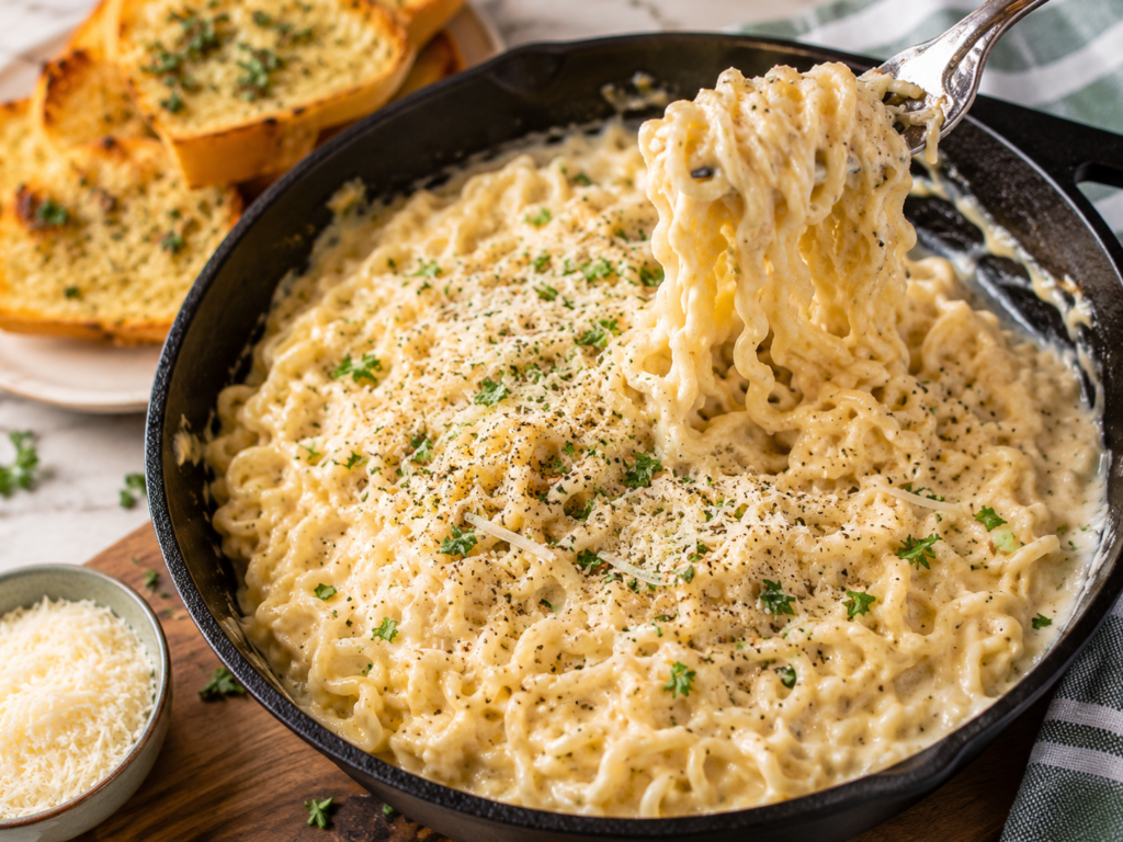Fork lifting creamy Alfredo ramen noodles from a skillet topped with Parmesan and parsley.