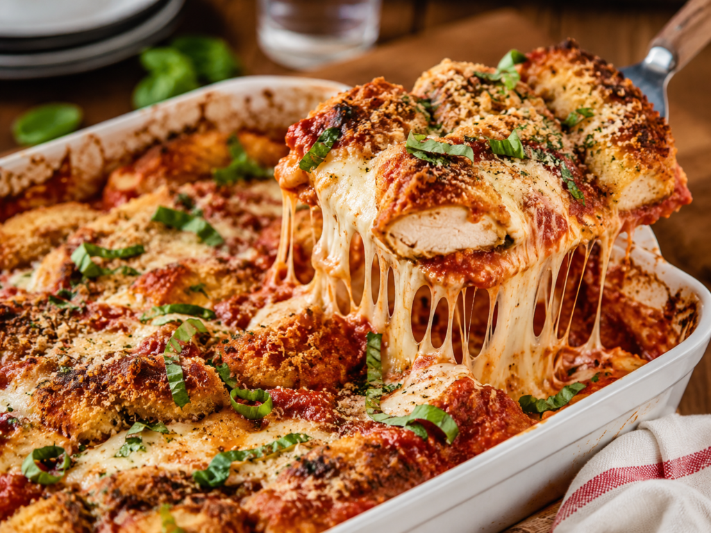 Plated Chicken Parm Garlic Toast Bake with breaded chicken, garlic toast, marinara, mozzarella, Parmesan, and parsley.