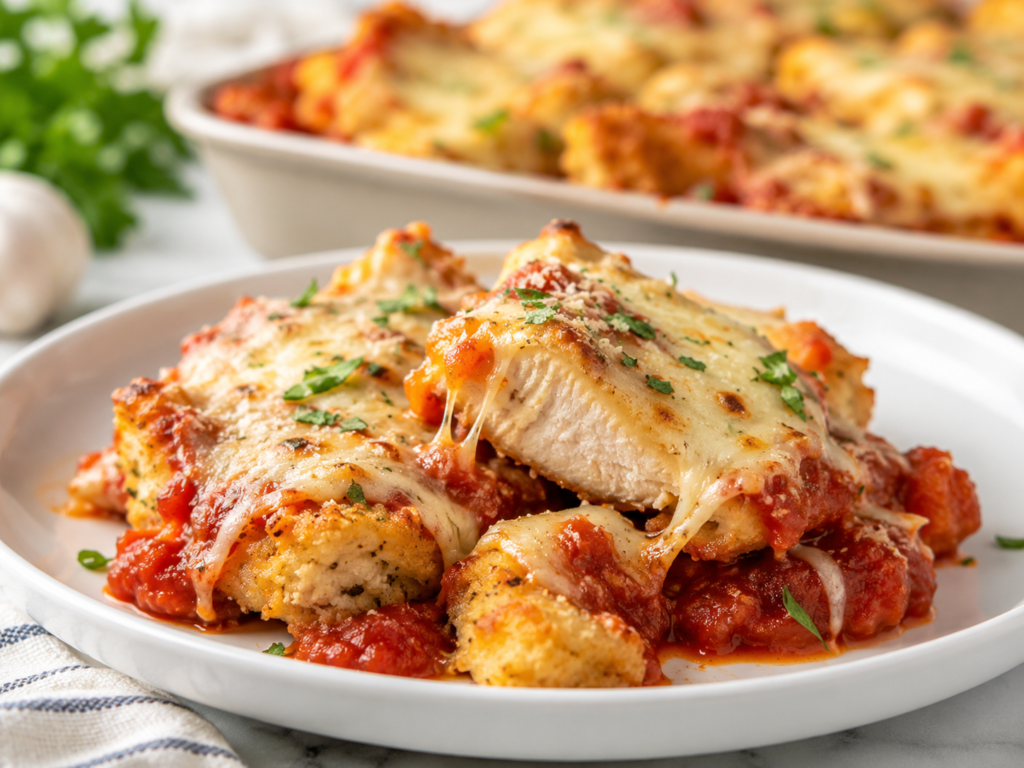 Chicken Parm Garlic Toast Bake with crispy garlic bread, chicken, marinara sauce, melted mozzarella, Parmesan, and basil.