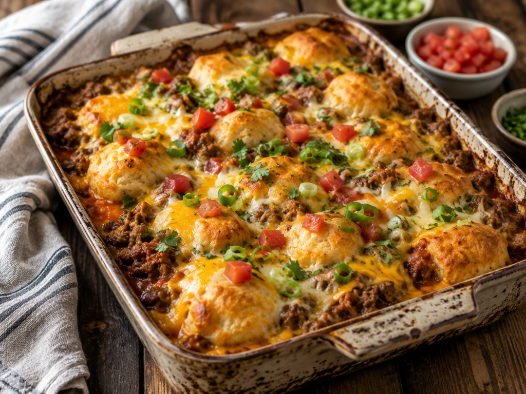 Taco Biscuit Bubble Bake with ground beef, golden biscuit pieces, melted cheese, tomatoes, green onions, and cilantro.