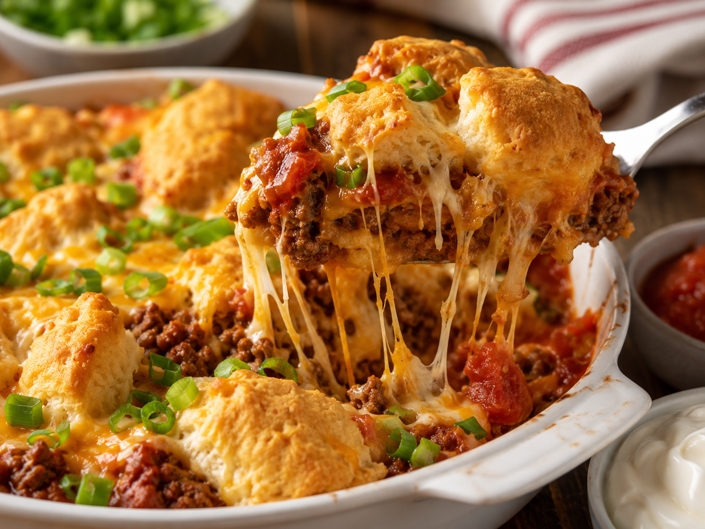 Serving of Taco Biscuit Bubble Bake lifted from the casserole with ground beef, biscuits, salsa, and stretchy melted cheese.