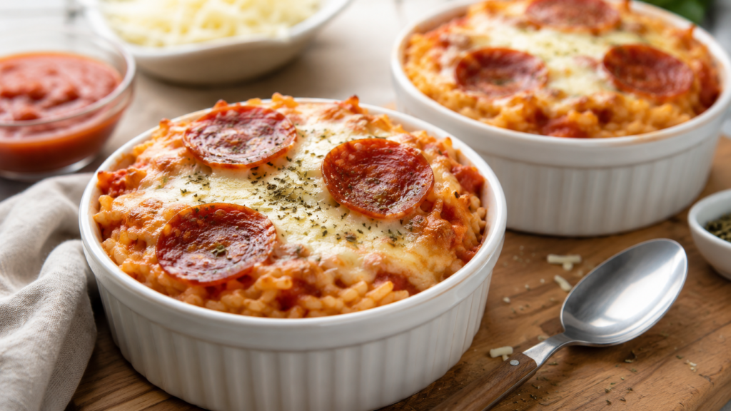 Pizza rice bakes in white ramekins topped with melted cheese, pepperoni, pizza sauce, and Italian seasoning.