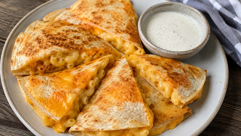 Mac and Cheese Quesadillas sliced into wedges with crispy tortillas and creamy macaroni filling