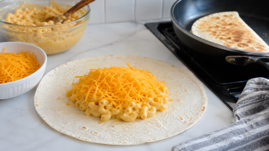 Flour tortilla filled with mac and cheese and shredded cheese before cooking in a skillet