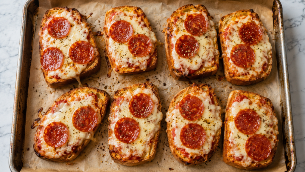 Garlic Bread Pizza Melts with melted mozzarella, pepperoni, and crispy golden edges on a baking sheet