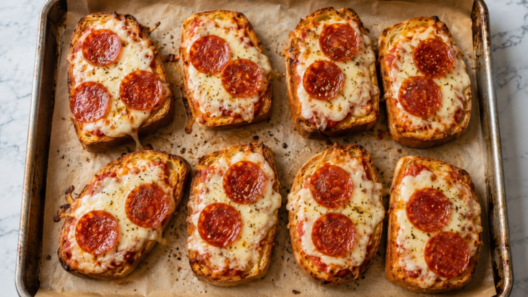 Garlic Bread Pizza Melts with melted mozzarella, pepperoni, and crispy golden edges on a baking sheet