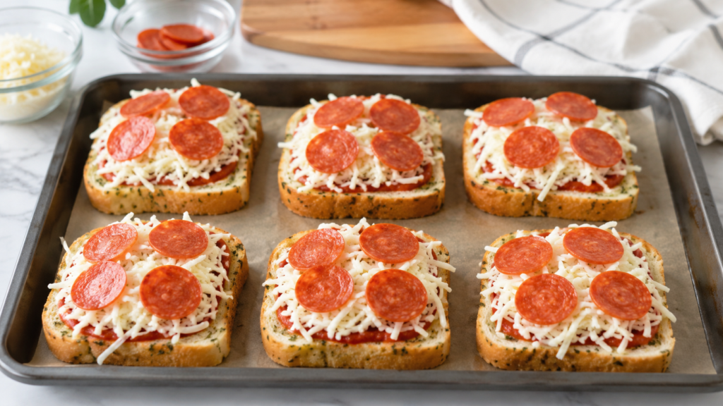 Garlic bread slices topped with pizza sauce, mozzarella, and pepperoni before baking