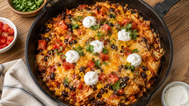 Budget Pantry Enchilada Skillet with beans, tortillas, enchilada sauce, melted cheese, and simple toppings
