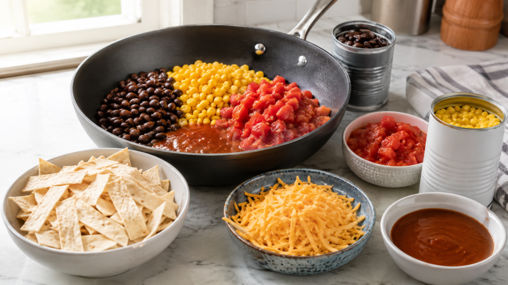 Pantry enchilada skillet ingredients with beans, corn, tortillas, enchilada sauce, and cheese before simmering