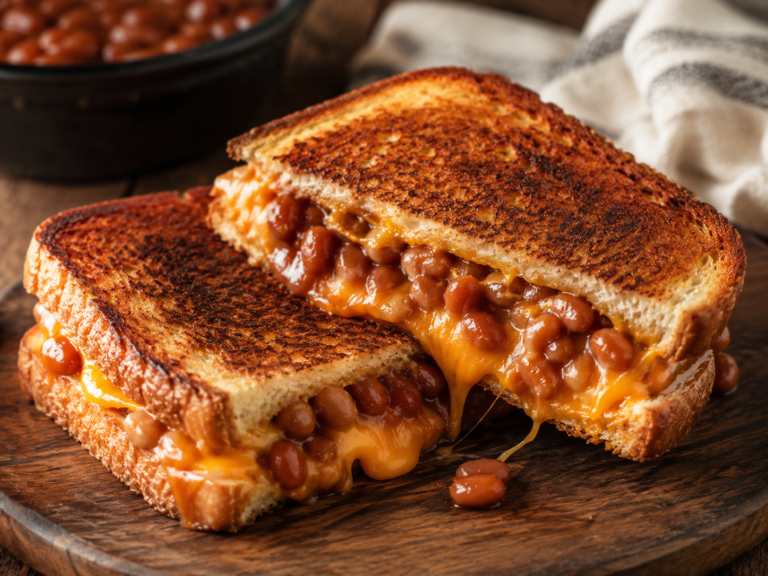 Baked bean grilled cheese sandwich with golden toasted bread, melted cheddar cheese, and saucy baked beans spilling from the center.