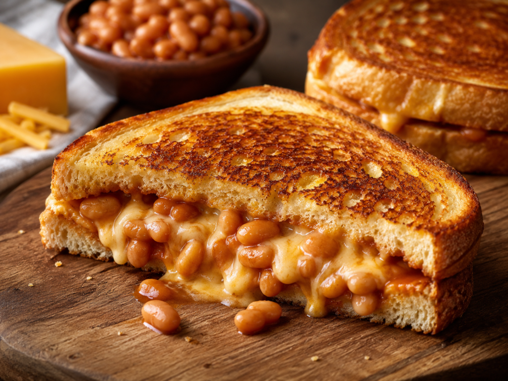 Close-up of a baked bean grilled cheese sandwich with crispy toasted bread, melted cheese, and baked beans on a wooden board.