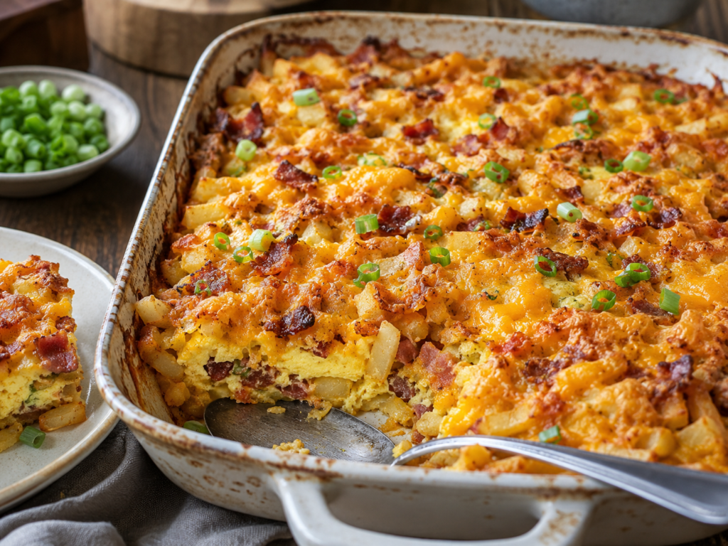 French fry breakfast casserole baked with eggs, melted cheddar cheese, bacon, and green onions in a rustic casserole dish.