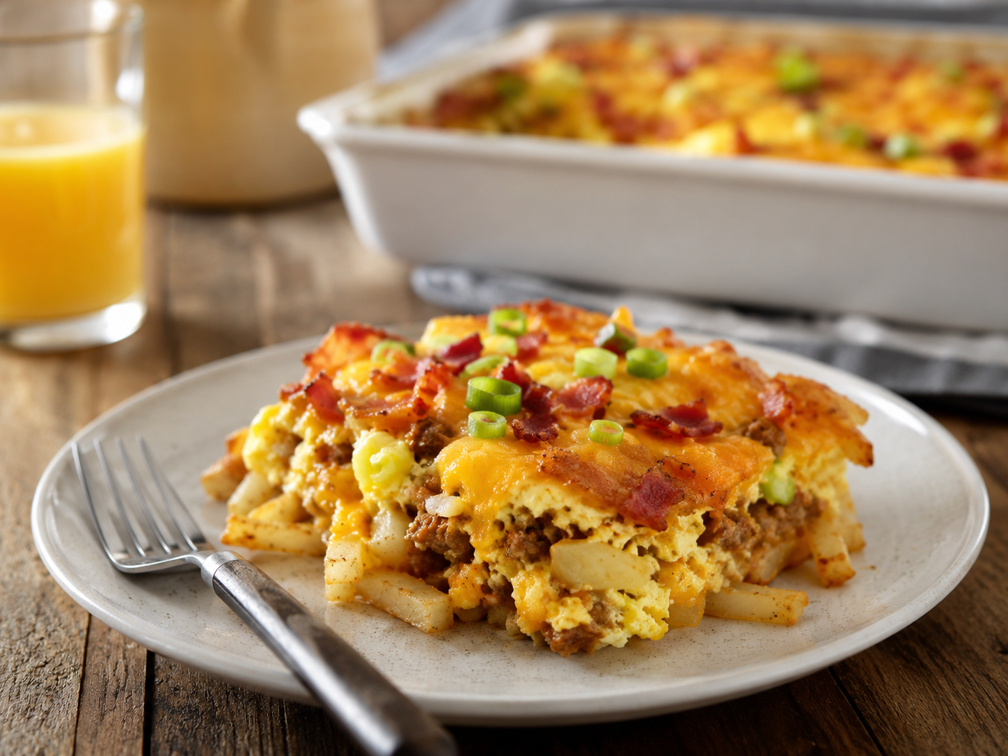Plated French fry breakfast casserole with eggs, melted cheese, bacon, sausage, and green onions served beside a fork.