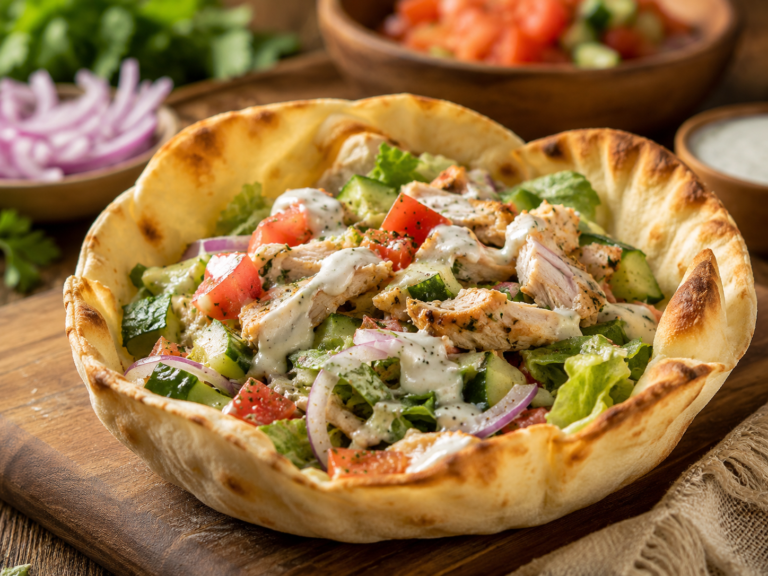 Rotisserie chicken flatbread bowl filled with lettuce, tomatoes, cucumber, red onion, and creamy dressing.