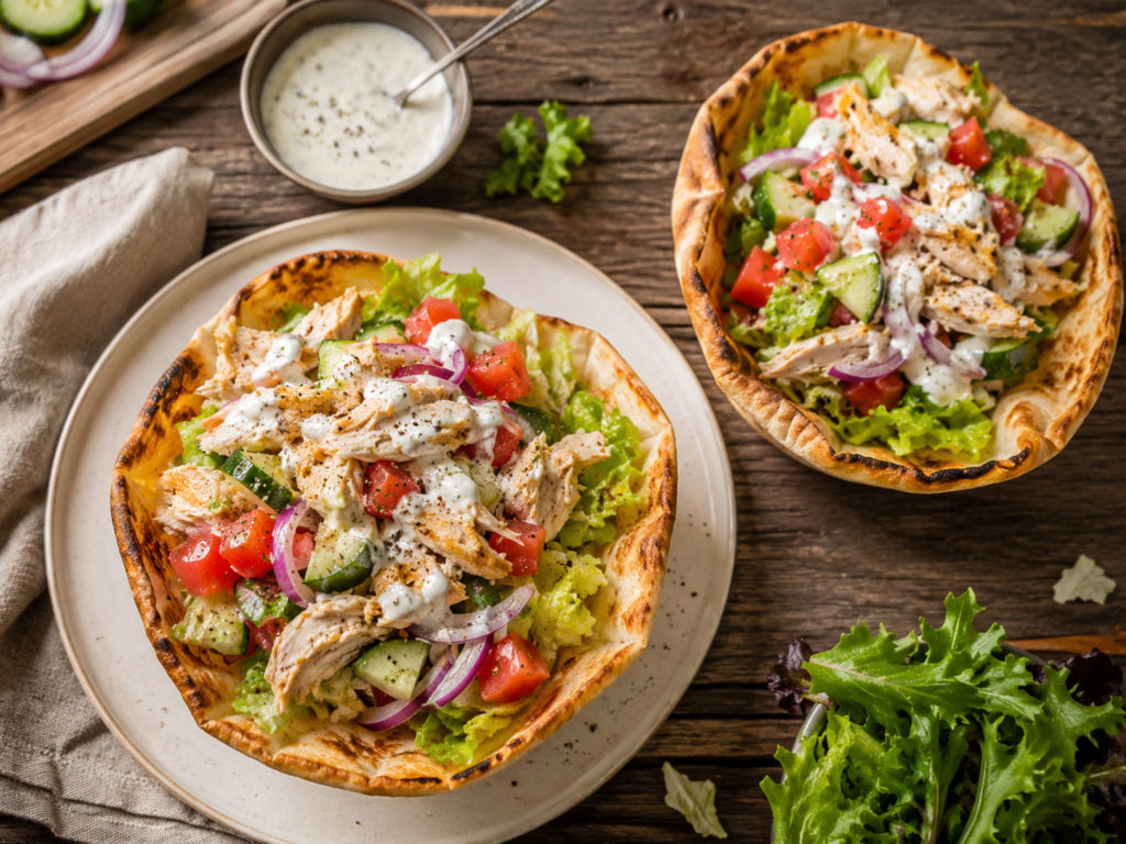 Two rotisserie chicken flatbread bowls with shredded chicken, lettuce, tomatoes, cucumber, red onion, and creamy sauce.