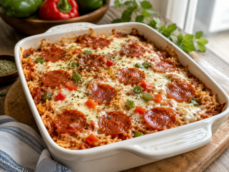 Baked pizza rice casserole with melted cheese, pepperoni, and diced peppers in a white baking dish