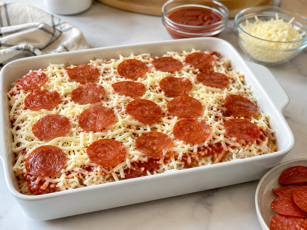 Unbaked pizza rice bake layered with sauce, shredded cheese, and pepperoni in a white casserole dish