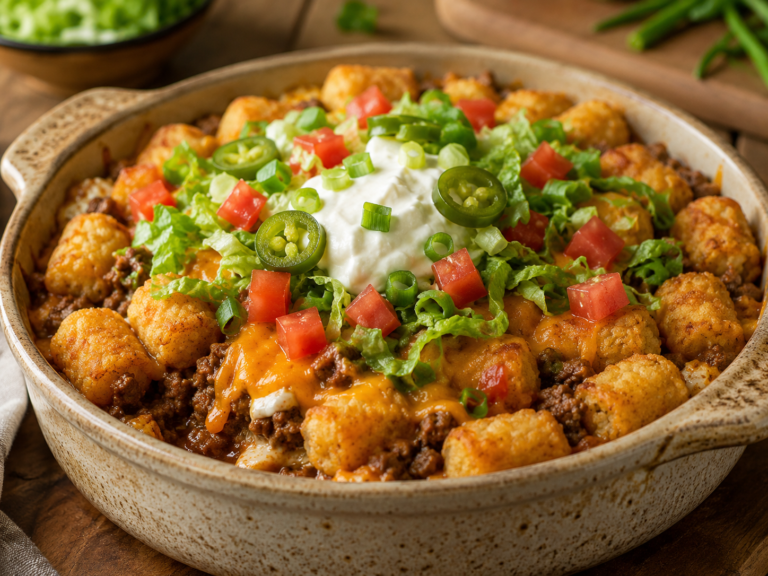 Tater tot taco bowl bake topped with sour cream, lettuce, diced tomatoes, jalapenos, and green onions in a round baking dish