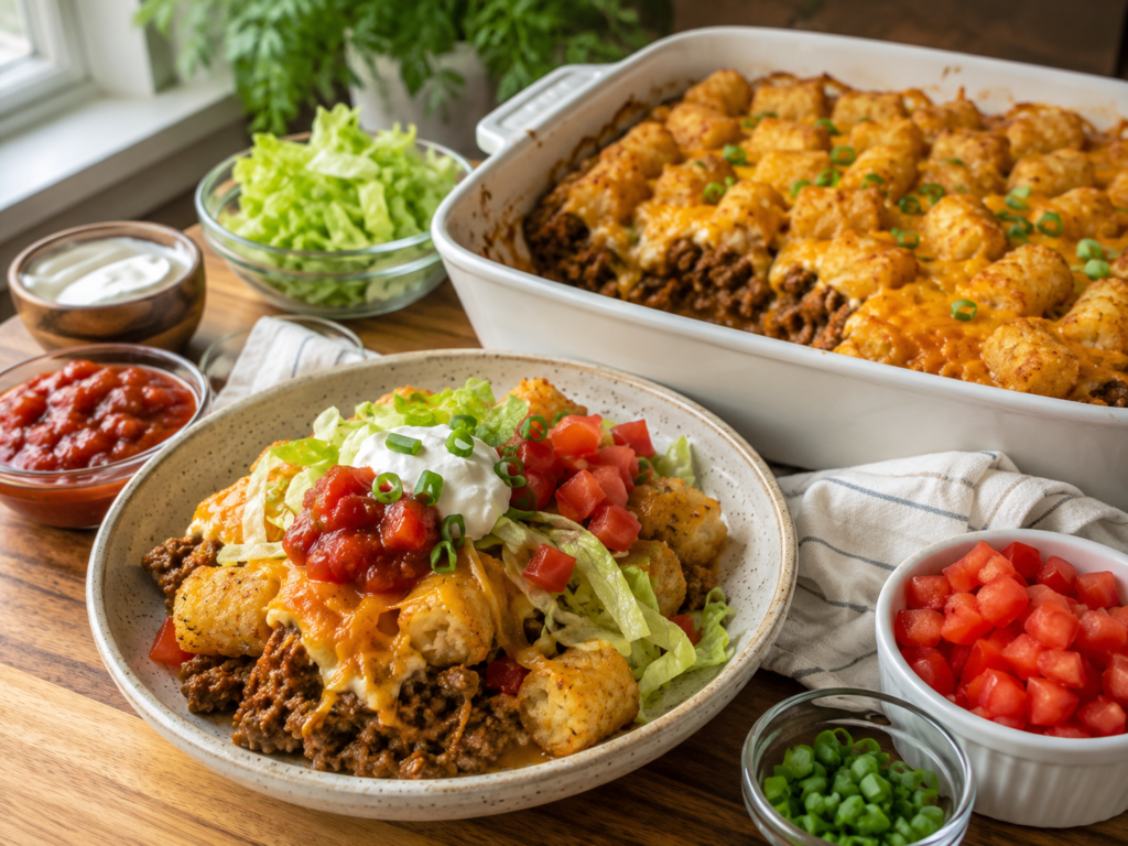 Served portion of tater tot taco bowl bake on a plate with lettuce, salsa, sour cream, diced tomatoes, and green onions, with the casserole dish in the background