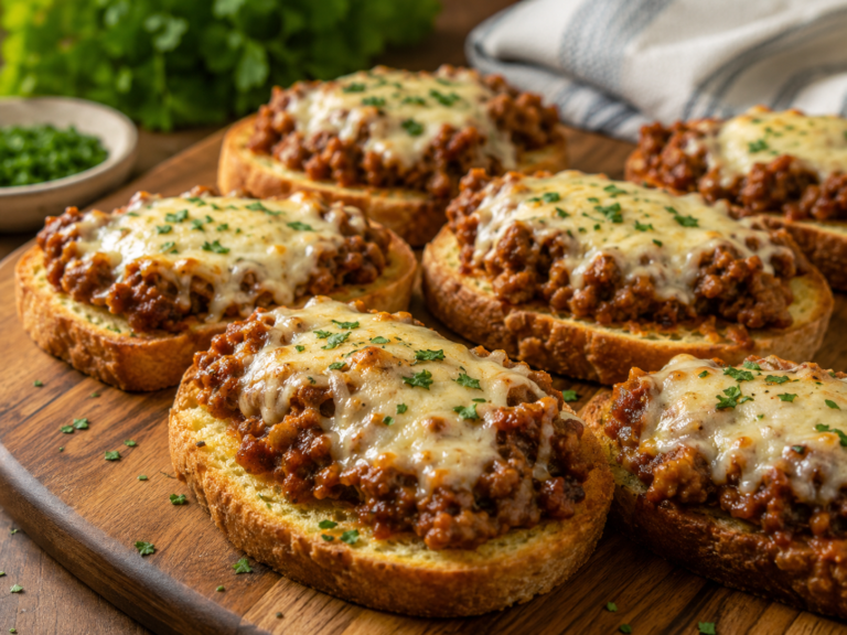 Sloppy Joe garlic toasts topped with saucy ground beef, melted cheese, and chopped parsley on a wooden board