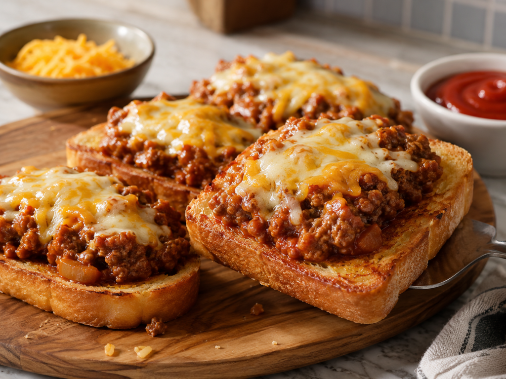 Close-up of cheesy sloppy joe garlic toast slices with saucy beef, melted cheese, and a bowl of sauce in the background