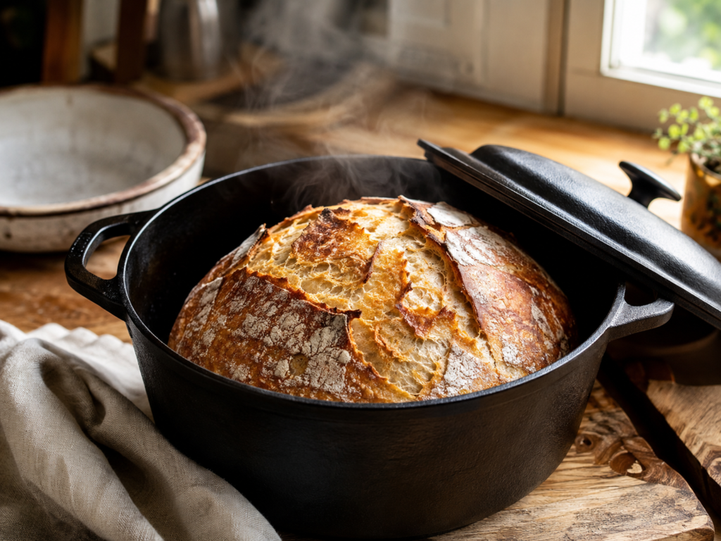 No-knead Dutch oven bread with a golden crust baking in a black cast-iron pot