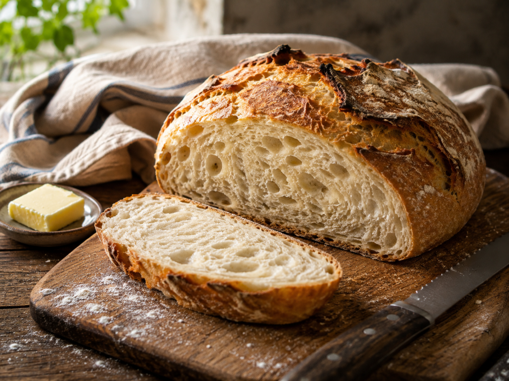 Sliced no-knead Dutch oven bread showing a soft airy crumb and crispy golden crust