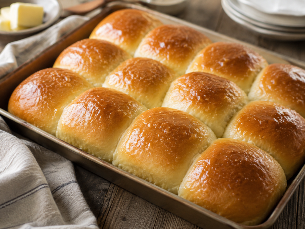Soft homemade dinner rolls with golden buttery tops baked together in a pan