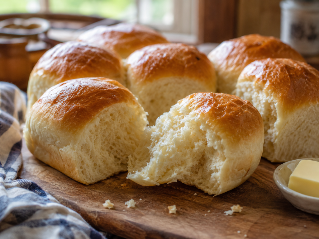 Fluffy homemade dinner roll torn open to show its soft tender interior
Image title: Fluffy Homemade Dinner Rolls