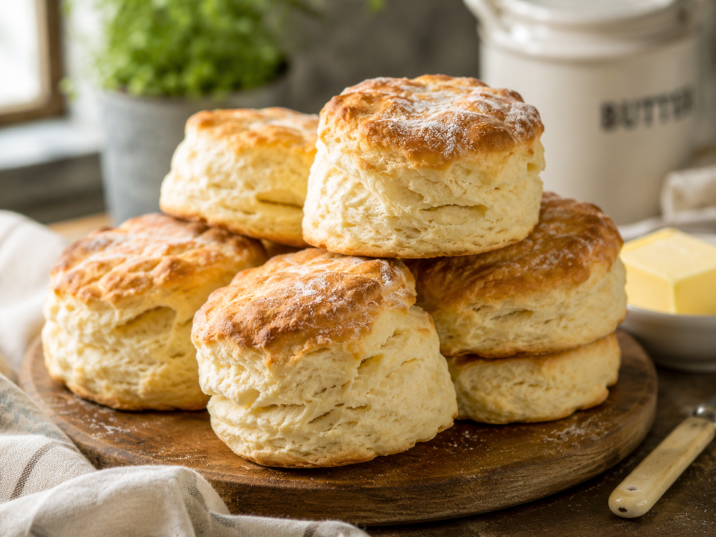 Flaky buttermilk biscuits with tall golden layers stacked on a wooden board Image title: Flaky Buttermilk Biscuits