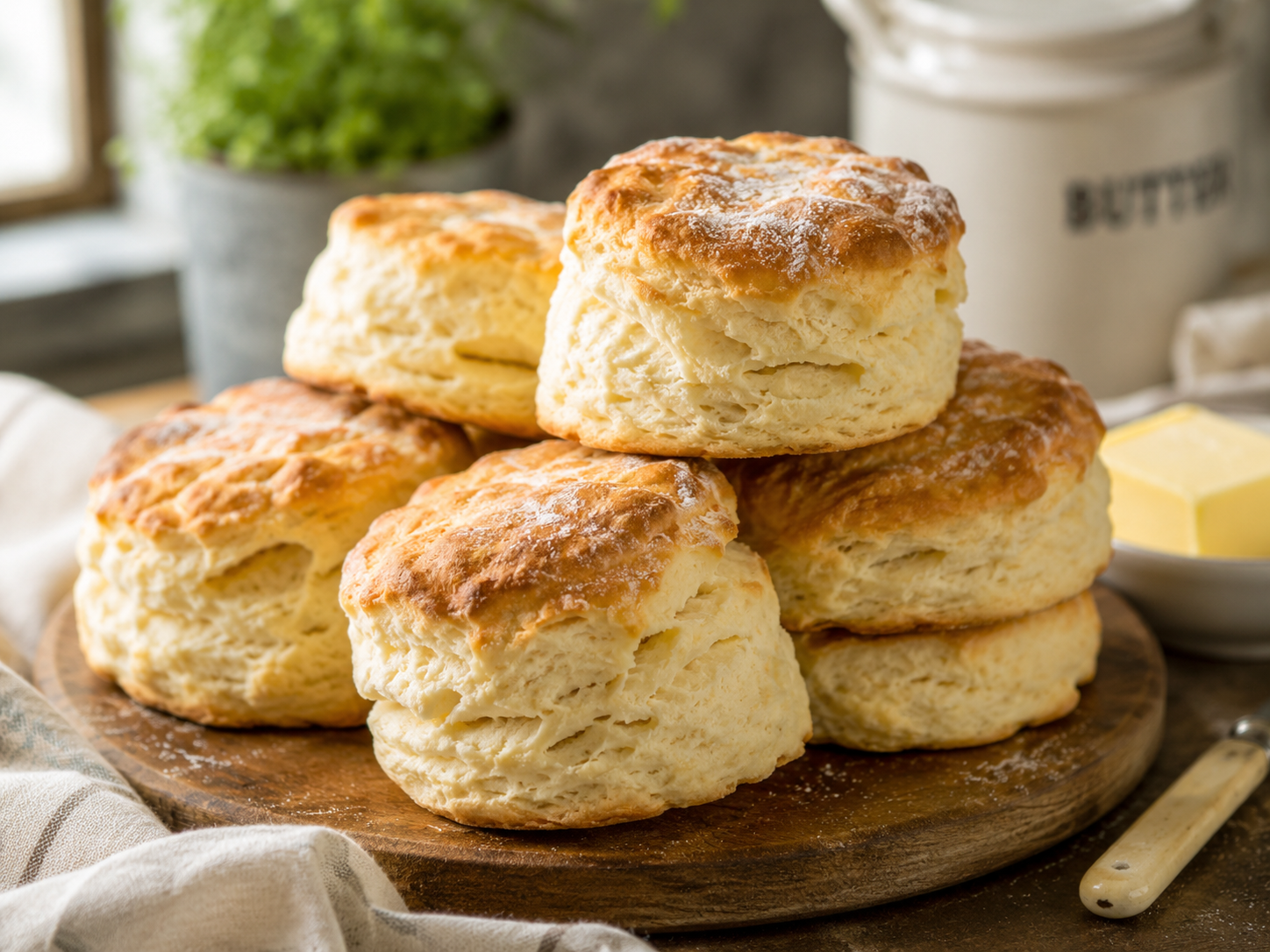 Flaky buttermilk biscuits with tall golden layers stacked on a wooden board Image title: Flaky Buttermilk Biscuits
