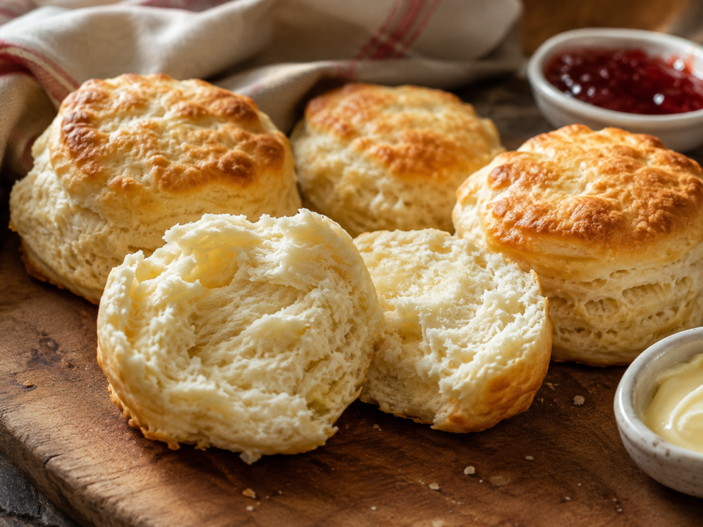 Buttermilk biscuit split open to show a soft fluffy interior and flaky layers
Image title: Homemade Flaky Buttermilk Biscuits