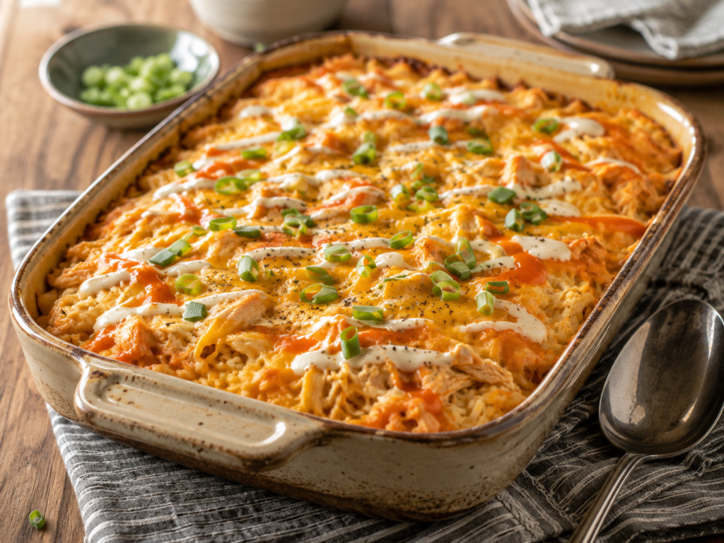 Buffalo ranch rice bake with shredded chicken, melted cheese, ranch drizzle, buffalo sauce, and green onions.
