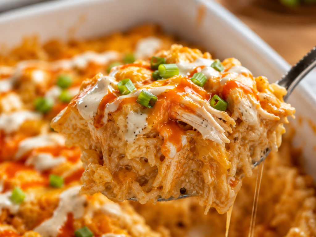 Close-up serving of cheesy buffalo ranch chicken and rice bake topped with ranch sauce and green onions.