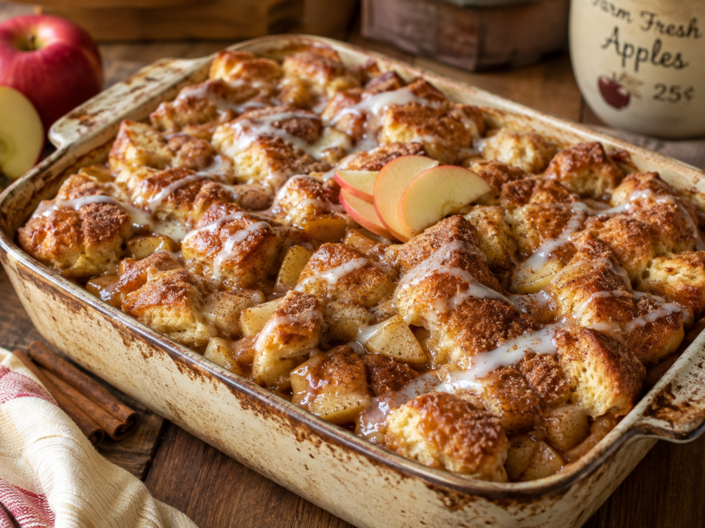 Apple pie French toast biscuit bake with cinnamon apples, golden biscuit pieces, and vanilla glaze.