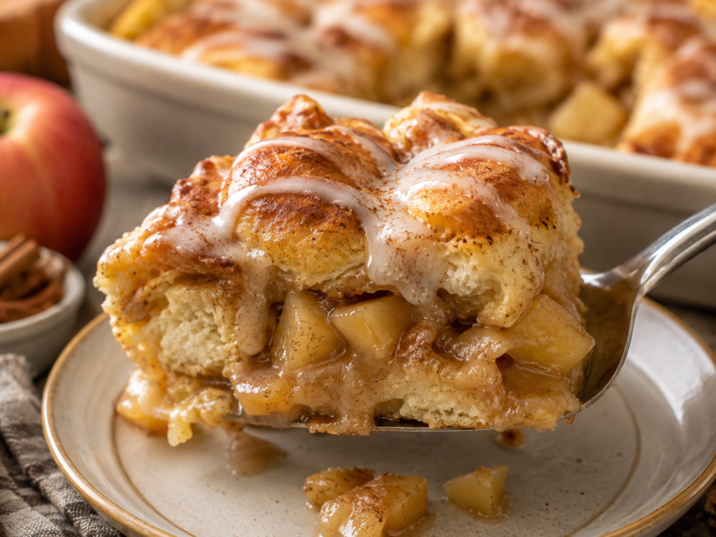 Close-up serving of apple pie French toast biscuit bake with tender apples, cinnamon, and vanilla icing.