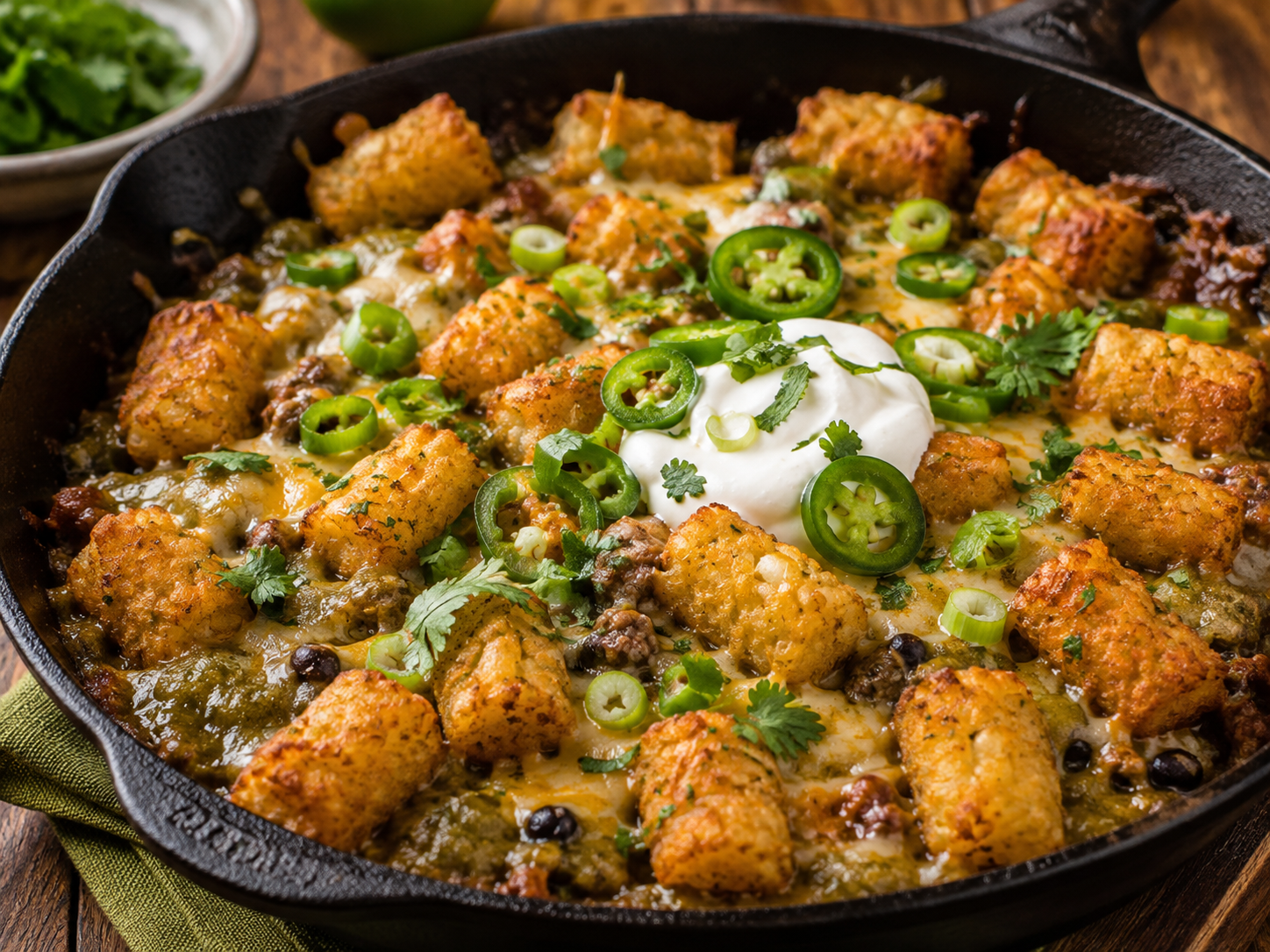 Salsa verde tater tot skillet with melted cheese, jalapeños, cilantro, green onions, and sour cream.