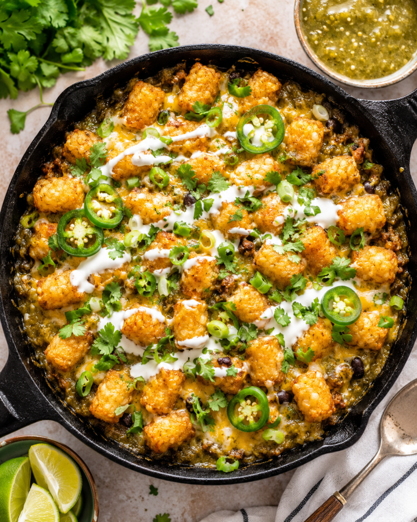 Overhead view of a cheesy salsa verde tater tot skillet topped with crema, cilantro, jalapeños, and green onions.