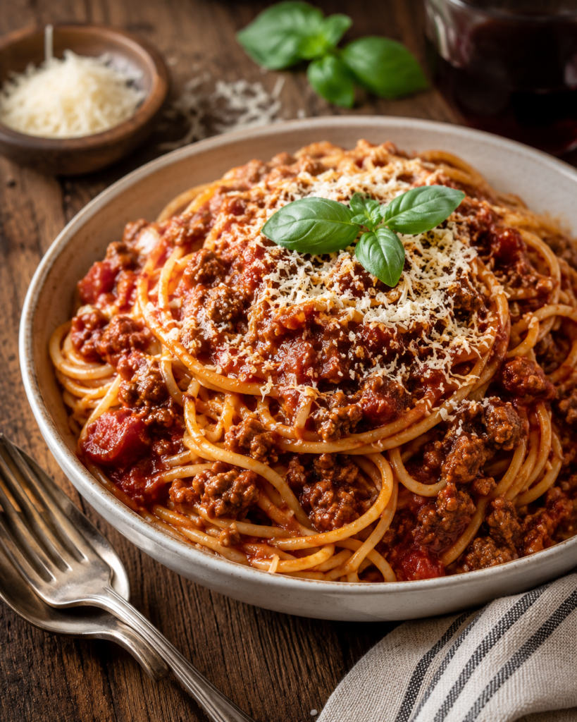 Classic spaghetti with rich ground beef tomato sauce, grated Parmesan, and fresh basil.