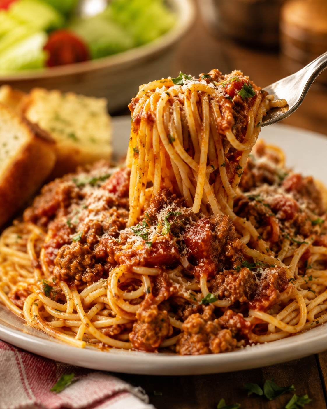 Fork lifting spaghetti covered in chunky meat sauce with Parmesan and fresh herbs.