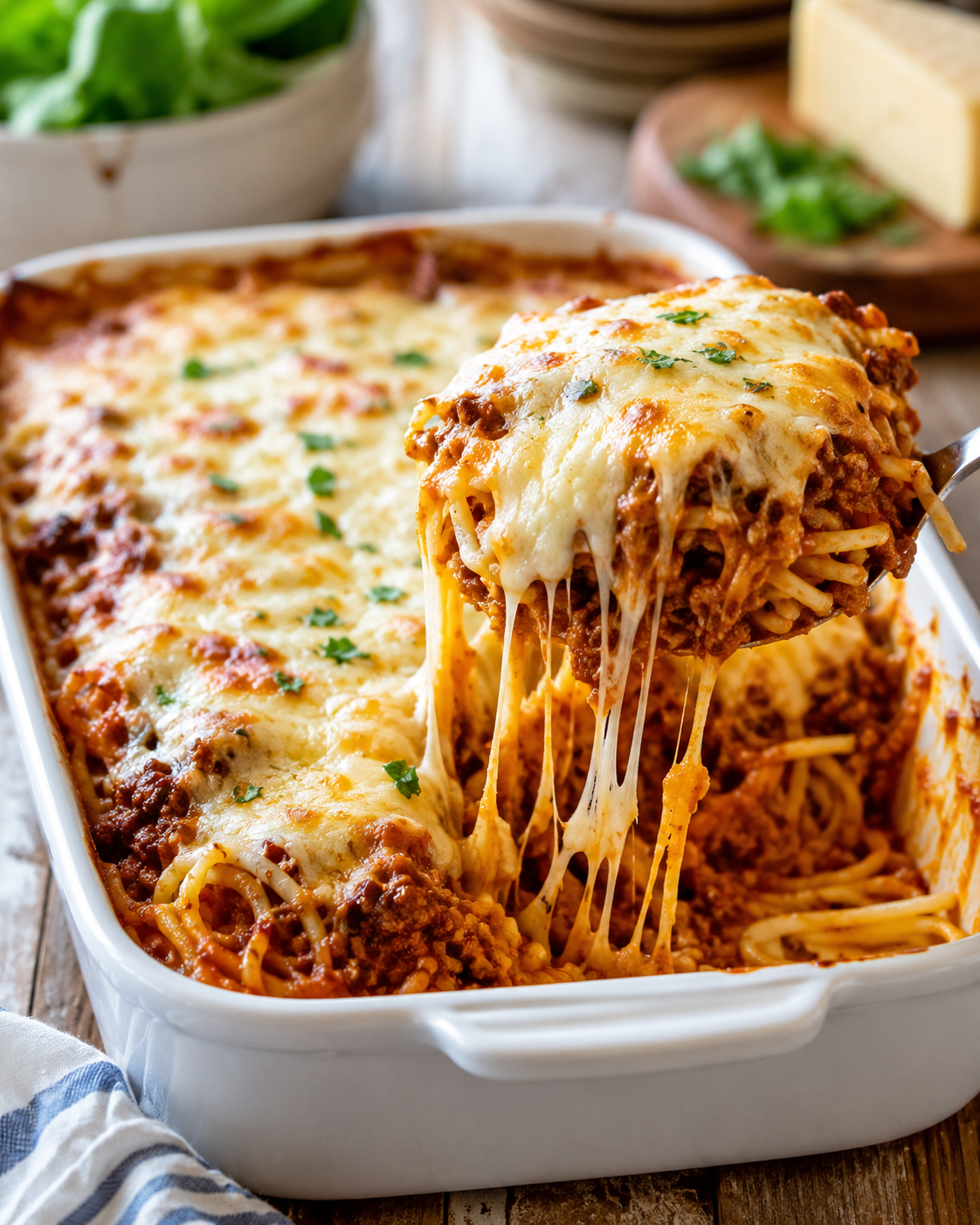 Easy baked spaghetti casserole with meat sauce and melted cheese being lifted from a white baking dish
