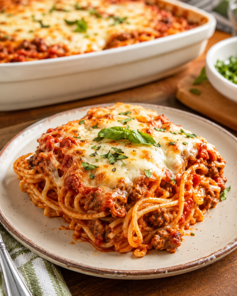 Plated serving of easy baked spaghetti with meat sauce, melted cheese, and fresh basil