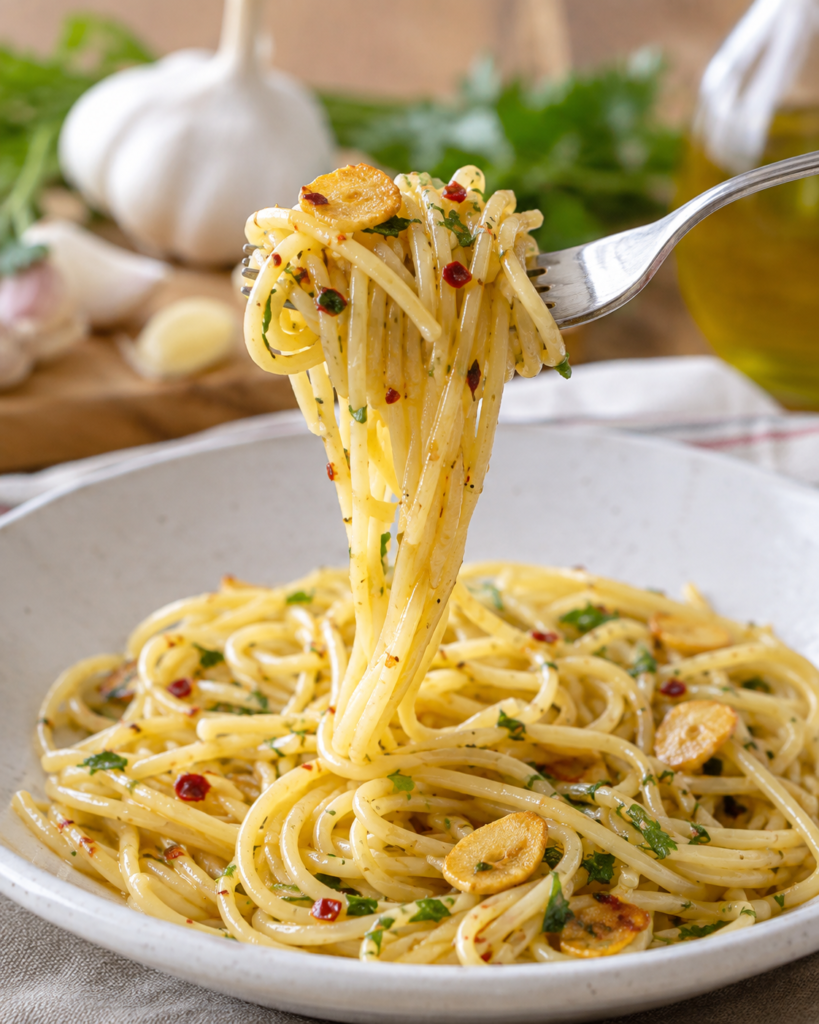 Fork lifting spaghetti aglio e olio with garlic slices, parsley, and red pepper flakes from a white bowl