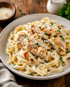 Easy chicken Alfredo with creamy fettuccine, sliced chicken, Parmesan, and fresh parsley