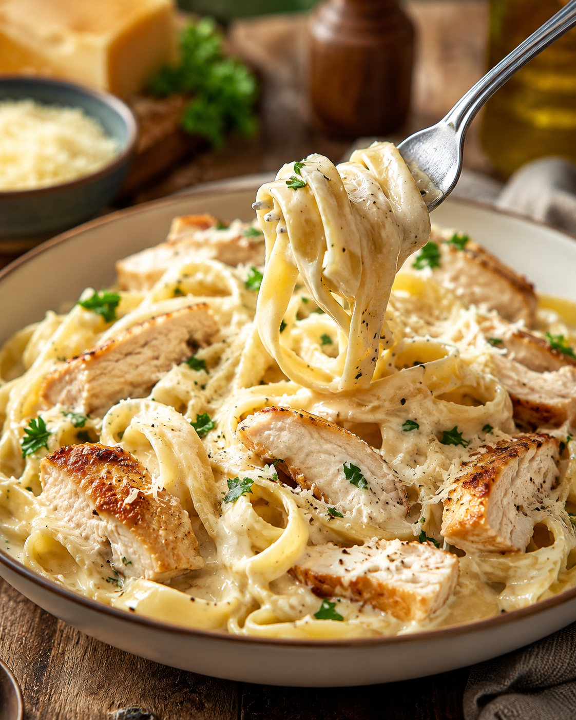 Fork lifting creamy fettuccine Alfredo above a bowl with grilled chicken and Parmesan