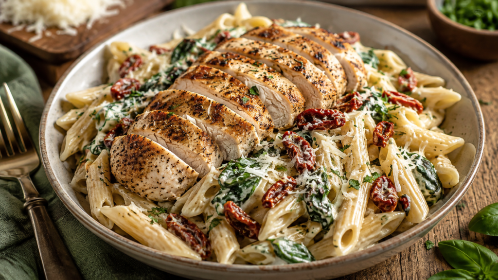 Fork lifting creamy Tuscan chicken pasta with spinach and sun-dried tomatoes from a skillet.
