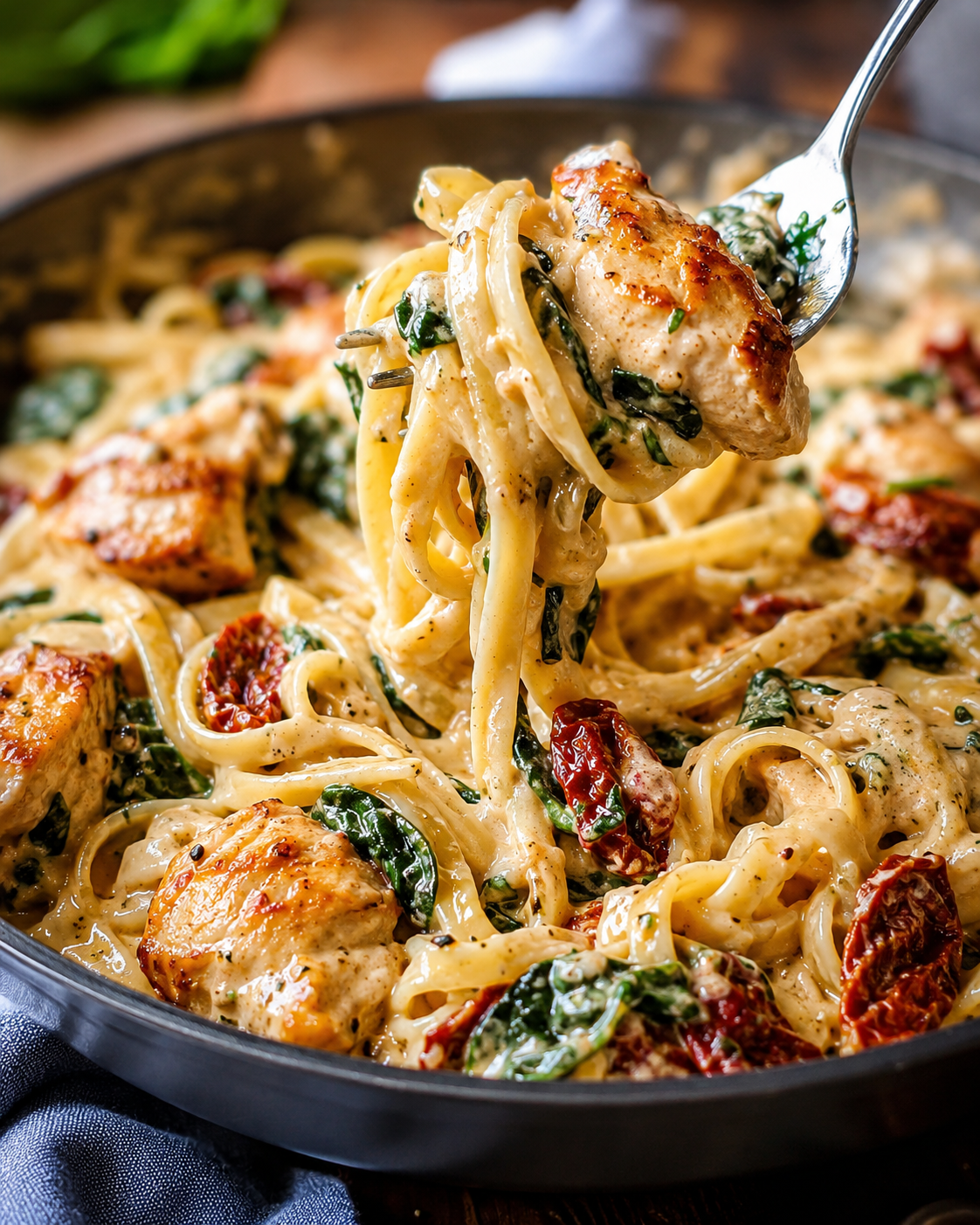 Creamy Tuscan chicken pasta with sliced seasoned chicken, spinach, sun-dried tomatoes, Parmesan, and penne pasta.