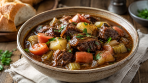 Classic beef stew with tender beef chunks, potatoes, carrots, celery, and herbs in a rich brown broth.