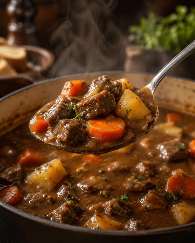Spoon lifting classic beef stew with tender beef, carrots, potatoes, and thick brown gravy from a steaming pot.
