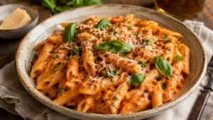 Easy penne alla vodka in a bowl with creamy tomato sauce, basil leaves, grated Parmesan, and black pepper.